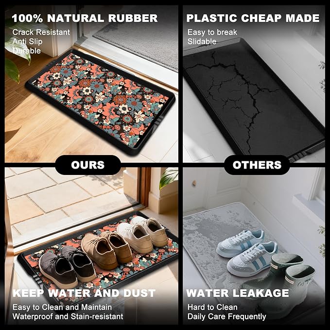 BEHERO Boot Tray Shoe Mat Decorative Patterned, Rubber Shoe Matt Tray Indoor/Outdoor Use, 16" x27.5" Shoe Cleaning Mat Non-Slip, Shoe Storage Waterproof Flower Prints for Entryway, Sunlit Blossom