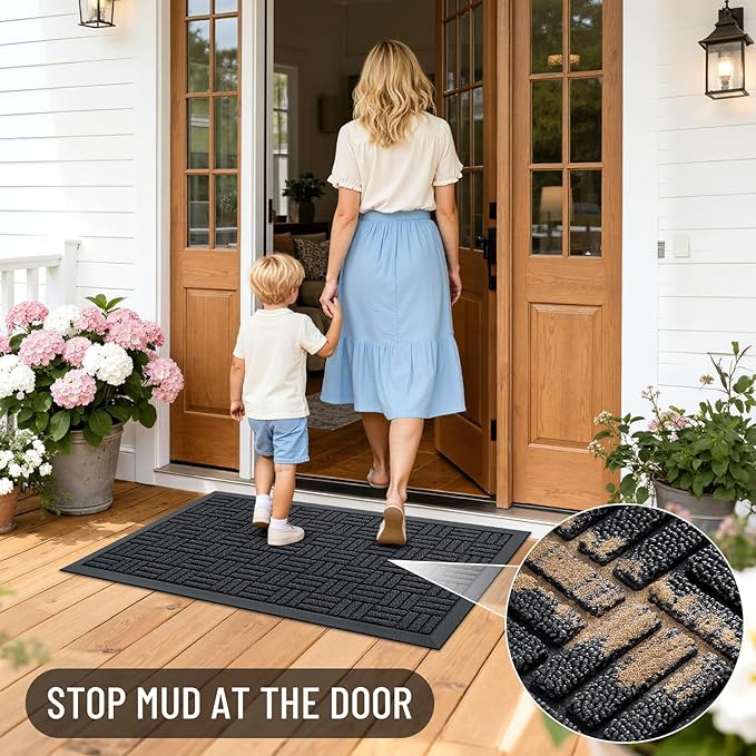 OLANLY Front Door Mat Outside Entrance 47x17, Absorbent, Heavy Duty Sturdy Natural Rubber Doormat Indoor Outdoor, Stain and Fade Resistant, Non-Slip Backing Low Profile Floor Mat for Entryway, Black