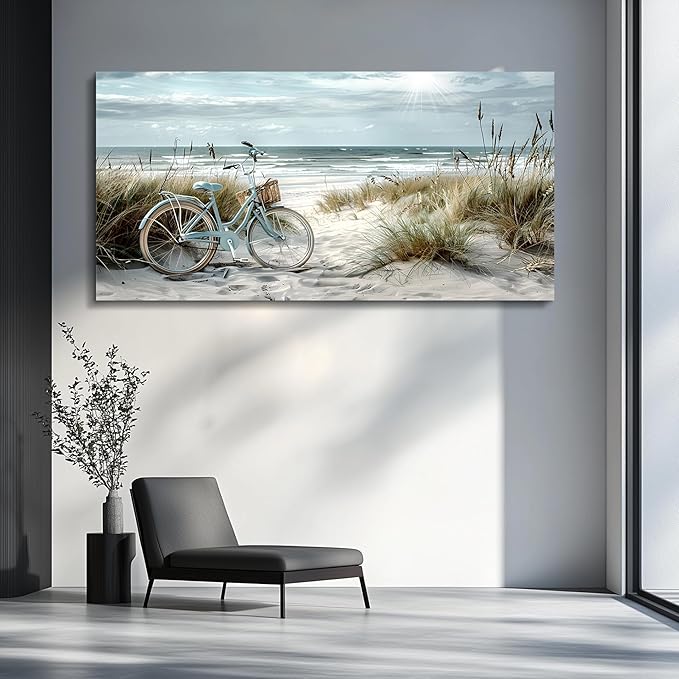 FUHAIHUA Wall Art For Living Room Canvas Decor For Bedroom Modern Office Decorations Blue Beach Bicycle Seascape Paintings Ocean Landscape Pictures Artwork Ready To Hang Home Decor