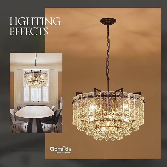 22.2" 10-Light Modern Glass Chandelier Light Fixtures Black 3-Tier Crystal Beads Chandeliers for Dining Room Round Hanging Ceiling Pendant Lighting for Kitchen Island Entryway Foyer Hallway