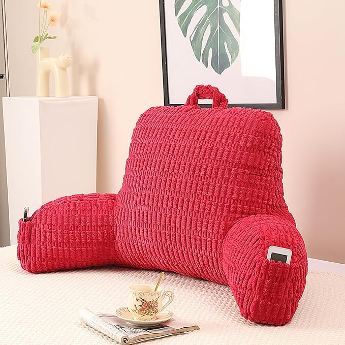 Reading Pillow for Sitting in Bed, Large Backrest Reading Pillow with Arm Rest,Back-Rest Support Cushion for Sit Up on Couch, Sofa, and Floor, Dorm Essentials (Red Corduroy, Standard(17"))