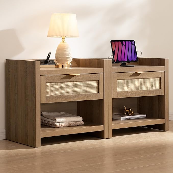 SICOTAS Night Stand Set of 2 Nightstands - Rattan Bed Side Table with Drawer Storage,Type-C Charging Station End Table - Boho Bedside Night Stands for Bedroom - Natural Oak