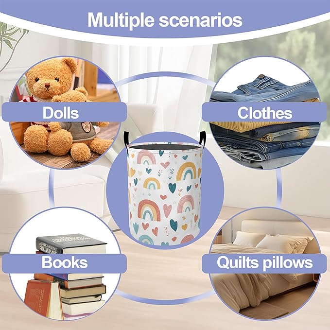 Laundry Basket,Cartoon Rainbow Large Canvas Fabric Lightweight Storage Hamper Organizer Dirty Clothes Collapsible Waterproof for College Dorms,Bathroom
