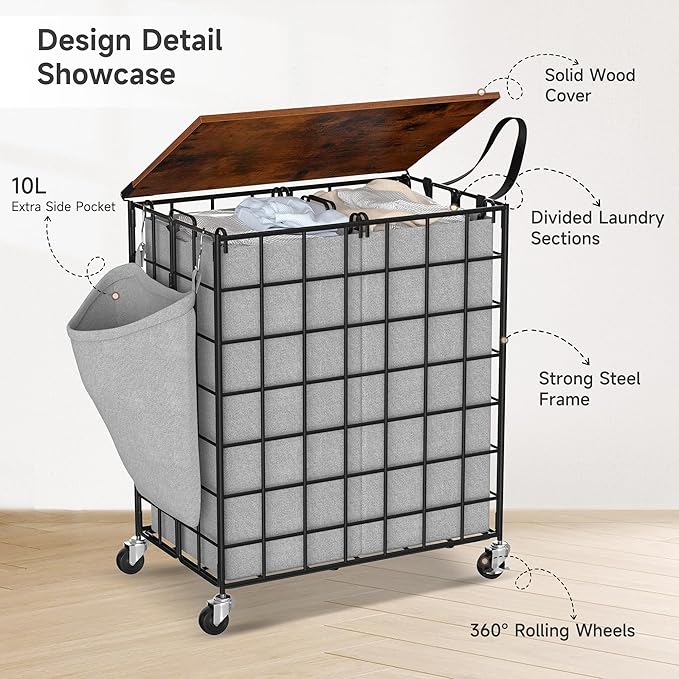 Laundry Basket with Wheels, Heavy Duty Laundry Sorter 2 Sections, Large Capacity 120L Laundry Hamper with Wood Lid, 360 Rolling Wheels, Extra Side Pocket, Leather Pull Handle (Grey)