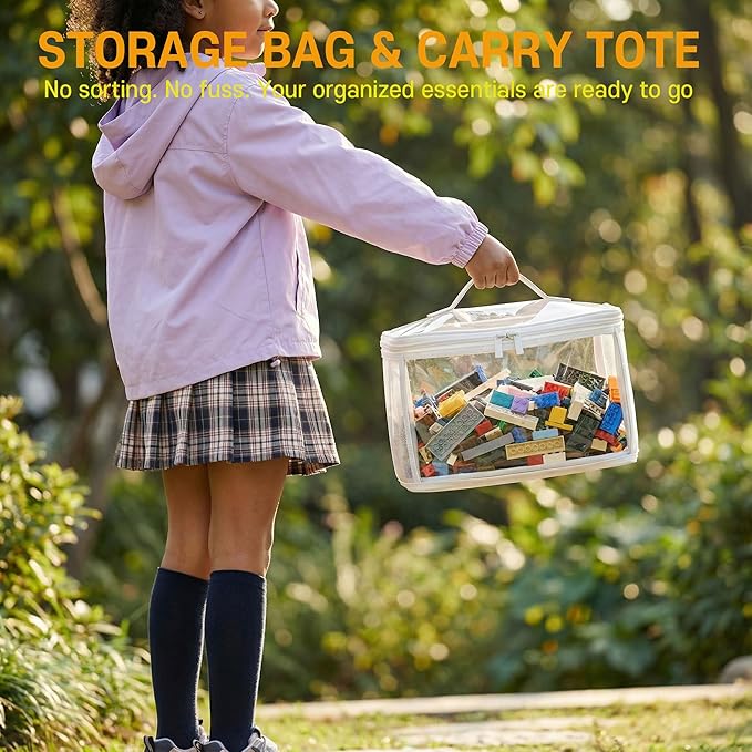 HOLAY Clear Toy Storage Bags with Handle, 4 Pack Playroom Storage Organizer Bins Kids Toys, Board Games, Busy Bags, and Homeschool Supplies –Transparent PVC with Reinforced Base(White, Small)