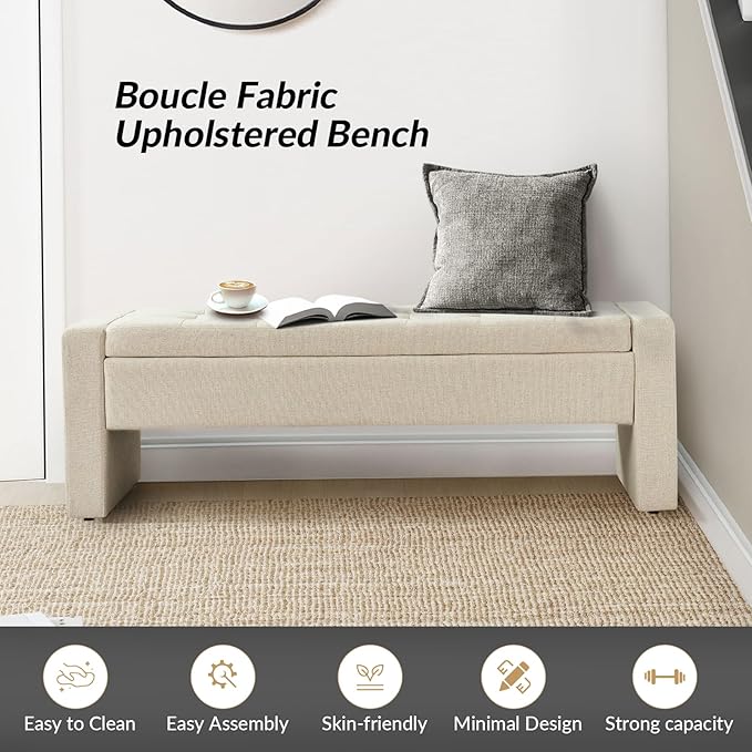 55" Modern Upholstered Storage Bench with Tufted Seat, Fabric Ottoman Bench for Bedroom, Entryway, or Living Room, Soft Close Hinge,Linen