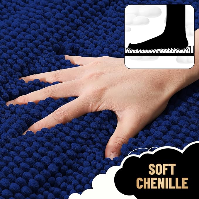 OLANLY Thick Bathroom Rugs 47x20, Extra Soft Absorbent Chenille Striped Bath Rugs, Rubber Backing, Machine Wash Dry, Bath Mats for Bathroom Floor, Tub and Shower, Home Decor Accessories, Navy