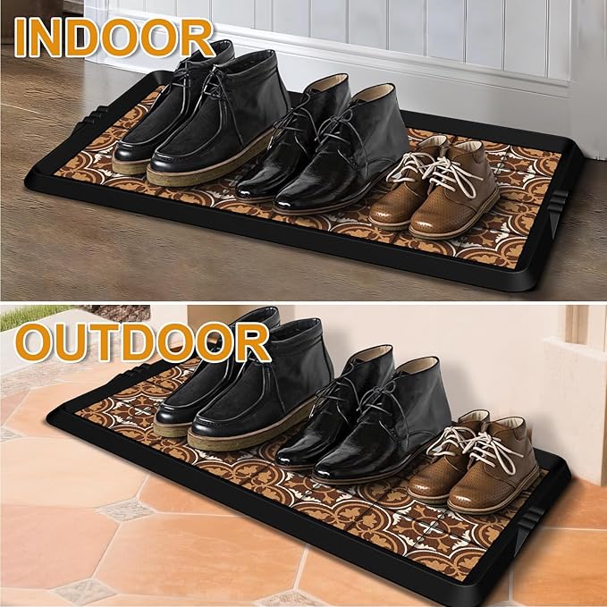 BEHERO Boot Tray Shoe Mat Decorative Patterned, Rubber Boot Matt Tray Indoor and Outdoor Use, 16" x27.5" Shoe Cleaning Mat Non-Slip, Shoe Storage Waterproof with Artistic Prints for Entryway(Brown)