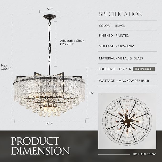 29.2" 16-Light Modern Glass Chandelier Light Fixtures Large Black 4-Tier Crystal Beads Chandeliers for Dining Room Round Hanging Ceiling Pendant Lighting for Bedroom Entryway Foyer Stairway
