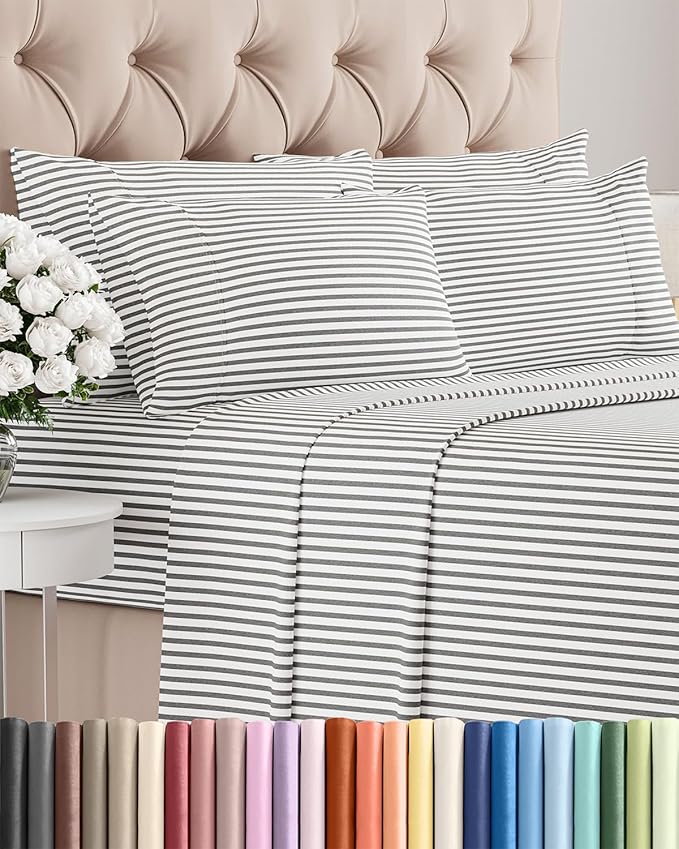 Cal King 6 Piece Sheet Set - Cooling and Breathable Bed Sheets - Hotel Luxury Bed Sheets for Women, Men, Kids & Teens - Deep Pockets - Easy Fit - Soft and Wrinkle Free - Cal King Grey Stripes Sheets