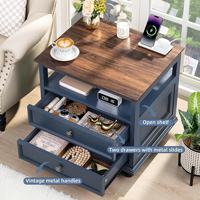 Farmhouse Nightstand Set of 2 with Charging Station, 24" Wide End Table with 2 Drawers,Wood Dresser for Bedroom,Bed Side Table Chest of Drawers Cabinet,Navy BlueNight Stand for Living Room