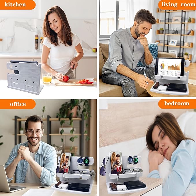 Gifts for Women Girlfriend Him Men Dad Husband Boyfriend Nightstand Organizer Wood Phone Docking Station(White)