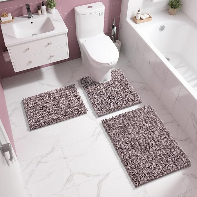 Yimobra Bathroom Rugs Non Slip Washable - Ultra Soft Absorbent Chenille Bath Mat, Quick Dry Shaggy Floor Carpet for Tub Shower, Mauve Home Decor Accessories, 24x17 Inch