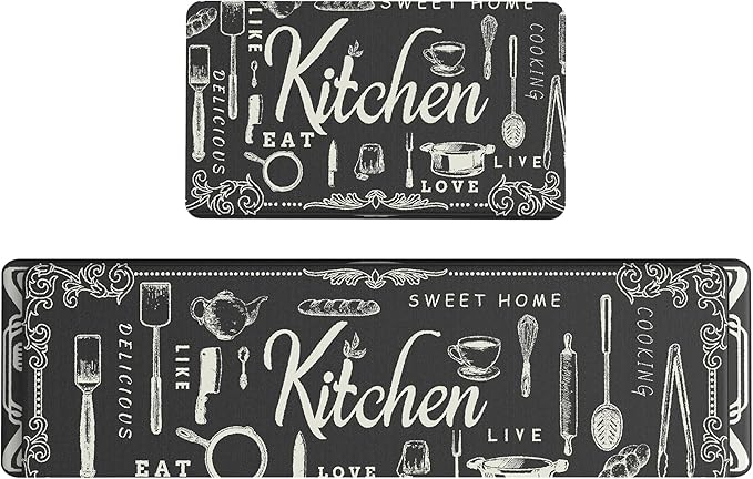 GENIMO Anti Fatigue Kitchen Mats for Floor, Non Slip Washable Kitchen Theme Rugs sets of 2, Farmhouse Cushioned Waterproof Comfort Runner Rug for Kitchen, Sink, Desk, Laundry, 17"x 59"+17"x 30", Black
