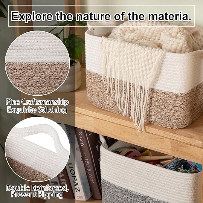 OIAHOMY Woven Storage Basket for Shelves, Rectangle Cotton Rope Baskets for Organizing, 13 x 10 x 9 in, Storage Bins for Dog Toys,Towel,Books,Gift,Brown and White