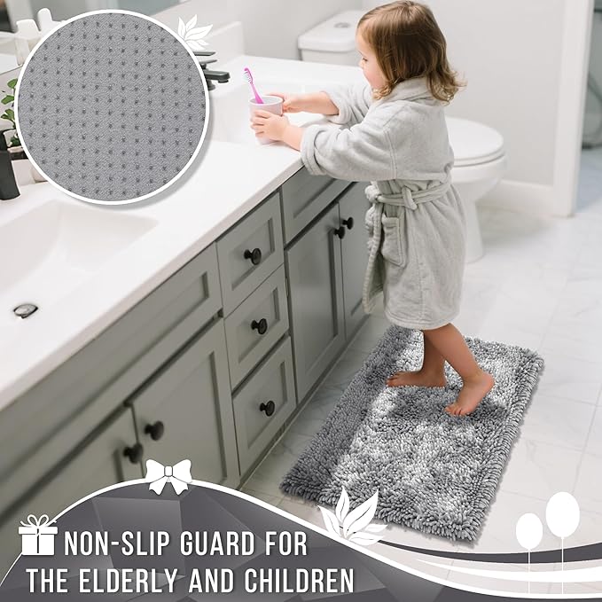Yimobra Bathroom Rugs Sets 2 Piece, Soft Absorbent Bath Mat and U-Shaped Toilet Rug with Non Slip Backing, Luxury Shaggy Bath Mats for Bathroom, Machine Washable, 24"x17"+24"x20", Light Grey
