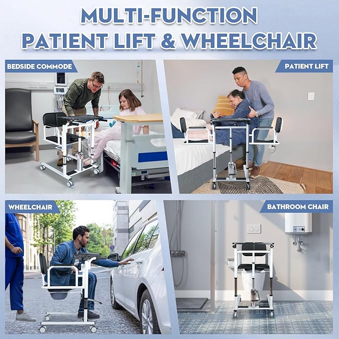 Drexo Patient Lift Transfer Chair, 5 in 1 Patient Lift Chair with 180°Split Seat, Height Adjustable Patient Transfer Chair with 4 Casters for Home Seniors Elderly, Load 450Lbs (Enlarge, Silver)