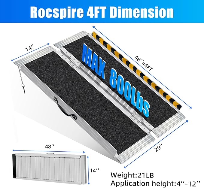 4FT Portable Wheelchair Ramp – 800lb Capacity, Folding Non-Slip Aluminum Handicap Ramp, Ramps for Wheelchairs for Home, Doorways, Stairs, Thresholds, Car Curbs, Scooters & Carts