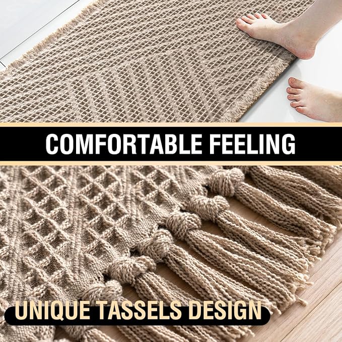 H.VERSAILTEX Waffle Bath Mat Super Absorbent Boho Bath Mat Non Slip Bath Rugs for Bathroom Floor Machine Washable Dry Fast Bathroom Rugs with Handmade Tassels, 17" x 24", Irish Cream
