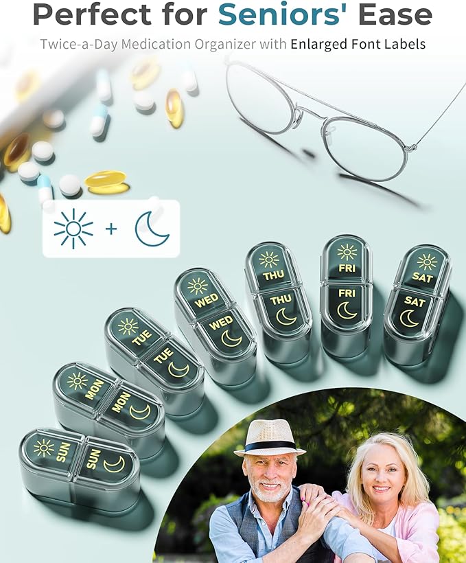 𝐏𝐢𝐥𝐥 𝐎𝐫𝐠𝐚𝐧𝐢𝐳𝐞𝐫 𝟐 𝐓𝐢𝐦𝐞𝐬 𝐚 𝐃𝐚𝐲, Am & Pm Pill Organizer 7 Days, Meicine Pill Organinzer, Pill Box 7 Day, Weekly Pill Organizer for Travel, Vitamins, Fish Oils, Supplements