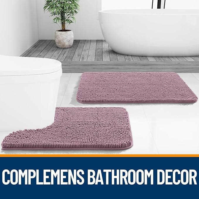 OLANLY Bathroom Rugs Sets 2 Piece, Soft Absorbent Chenille Bath Mats and U-Shaped Contour Toilet Mat Area Rug Set, Machine Washable Bath Carpet, Home Decor Accessories(30"x20"+24"x20", Deep Plum)