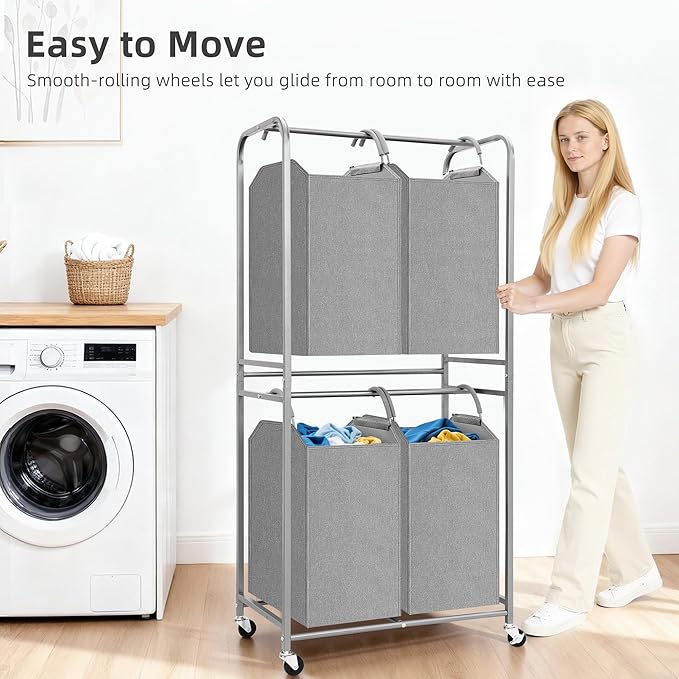 STORAGE MANIAC 4 Section Vertical Laundry Hamper, 2 Tier Laundry Sorter with 4 Removable Tote Bags, Rolling Clothes Basket for Towels, Blankets, Tall Dirty Clothes Hamper for Closet, Bathroom, 4 Bags