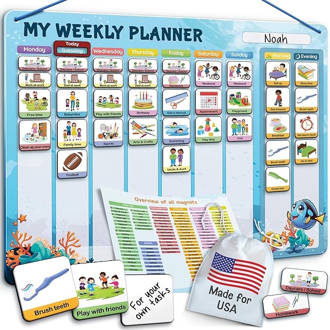 Visual Schedule for Kids - 2-in-1 Weekly + Daily Schedule - Magnetic Schedule with 194 Magnets and Magnetic Backing - Chore Chart Kids - Routine Chart for Toddlers, Autism, ADHD - Blue