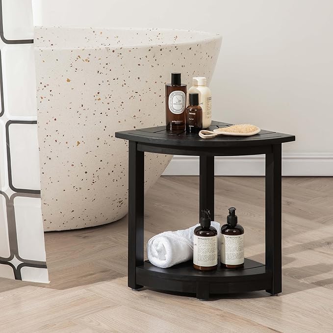 Acacia Wood Corner Shower Stool - Waterproof Triangular Bathroom Bench with Storage Shelf & Soap Dish for Shaving, Black Wood (17.9x12.7x16.5)