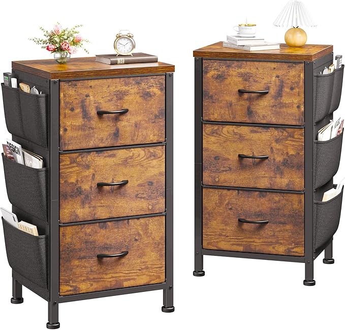 Night Stand Set 2,Night Stand with Drawers for Bedroom,Bedside Table with Wooden Top,Sturdy Steel Frame End Table,Dorm Small Nightstand for Bedroom,Entryway,Hallway,Cloth Bags,Hooks,Rustic Brown