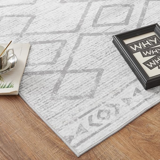 jinchan Moroccan 2x3 Rug for Entryway - Machine Washable Rug Modern Geometric Kitchen Soft Faux Wool Non-Slip Indoor Doormat Ultra-Thin Carpet for Entrance Bathroom Bedroom Living Room (2x3ft, Grey)