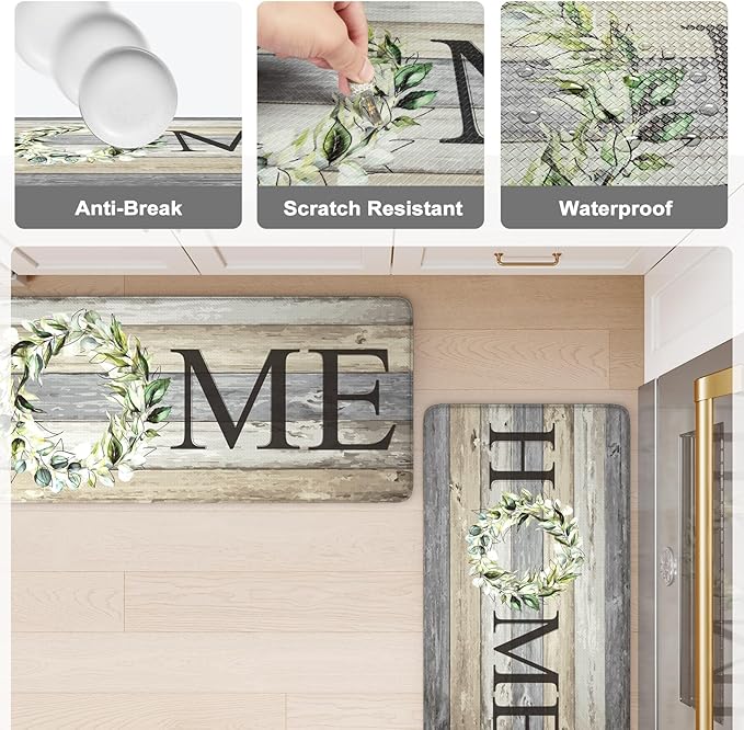 KIMODE Kitchen Mats for Floor 17"x47"+17"x29", Farmhouse Kitchen Rugs Sets of 2, Anti Fatigue Mats for Kitchen Floor, Cushioned Comfort Kitchen Floor Mats for Sink, Laundry, Desk Grey
