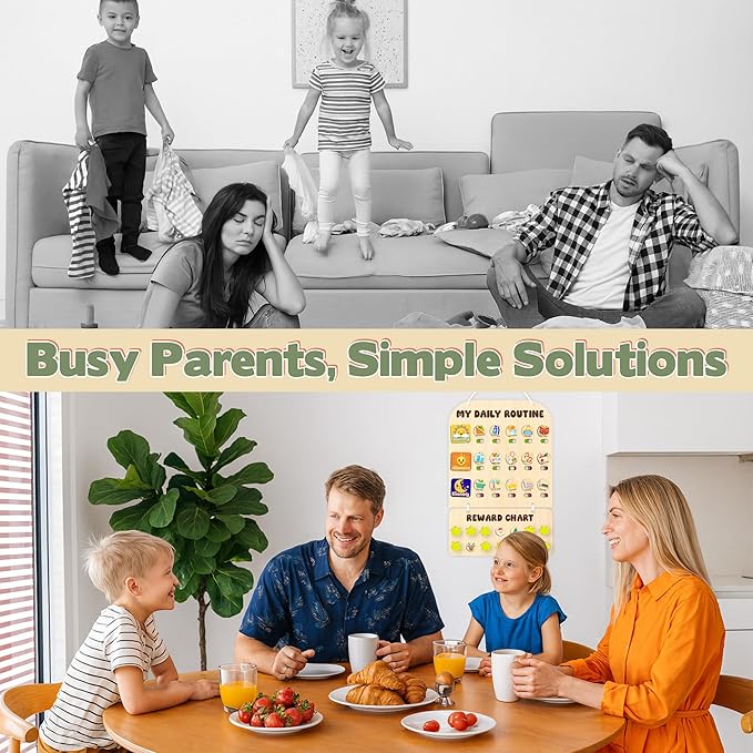 2-in-1 Chore Chart for Kids Toddler & Teens, Montessori Wooden Routine Responsibility Board, Visual Schedule, Reward System for ADHD Autism, Daily Morning & Bedtime Checklist, 11.3''x17.7''