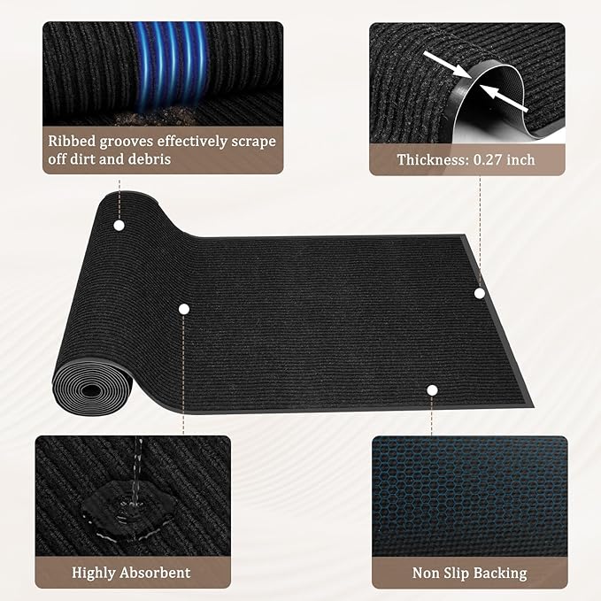 3' X 10' Commercial Grade Hallway Runner Rug, Industrial Rug Heavy Duty Brush Step Entrance Mat Weather Utility Rug with Non Slip Rubber Backing, Commercial Traffic Guard Door Carpet, Black