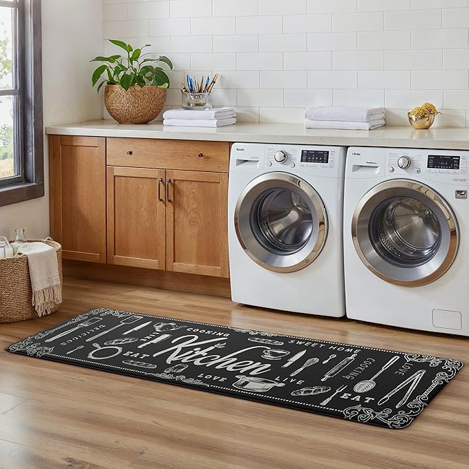 GENIMO Anti Fatigue Kitchen Mats for Floor, Non Slip Washable Kitchen Theme Rugs sets of 2, Farmhouse Cushioned Waterproof Comfort Runner Rug for Kitchen, Sink, Desk, Laundry, 17"x 59"+17"x 30", Black