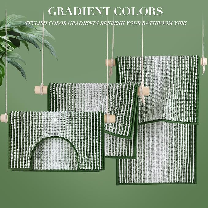 BSICPRO Bathroom Rugs Sets 3 Piece, Toilet Rugs U-Shaped Contour Bath Mat Set, Large Striped Non Slip Absorbent Chenille Shower Mat, Hunter Green