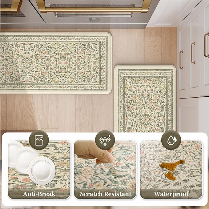 KIMODE Anti Fatigue Kitchen Mats for Floor, Boho Floral Kitchen Rugs Sets of 2, Cushioned Kitchen Floor Mats Non Slip, Comfort Rugs for Kitchen Floor Sink Laundry Desk Beige 17.3"x29"+17.3"x47"