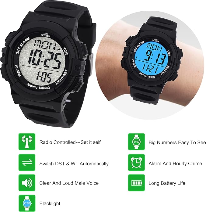 Five Senses Atomic English Talking Watch for Seniors Men and Women Talking with Day-Date Loud Alarm Clock Visually Impaired (Black)