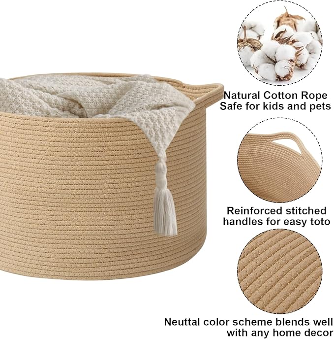 Large Storage Basket with Handle,19.7" L x 19.7" W x 13" H Blanket Basket Storage Bins for Organizing,65L Cotton Rope Woven Baskets for Living Room, Nursery ,Bedroom,Camel