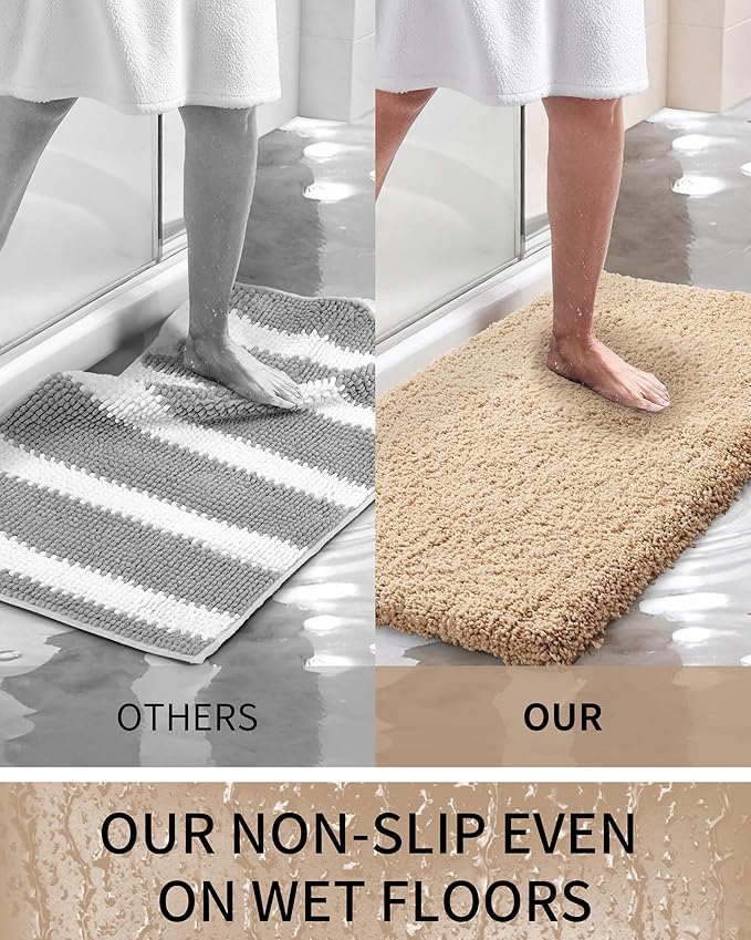 Bathroom Rugs 32x20, Ultra Thick Shaggy Soft Microfiber Absorbent Bath Rug, High Density Foam Latex Non Slip Backing, Machine Washable Bath Mats for Bathroom Floor & Sink, Beige
