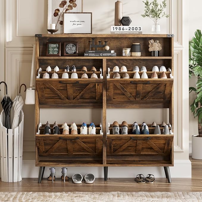 Shoe Cabinet with 4 Flip Drawers,Farmhouse Shoe Storage Cabinet for Entryway,Narrow Freestanding Organizer Rack with Open Shelves for Foyer,Hallway,Dark Walnut