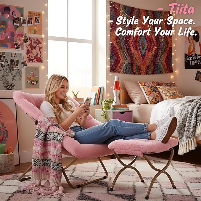 Tiita Folded Chair with Ottoman, Soft Faux Fur Oversized Folding Accent Chair,Lounge Lazy Chair, Metal Frame Moon Chair for Bedroom, Living Room, Dorm Rooms, Garden and Courtyard