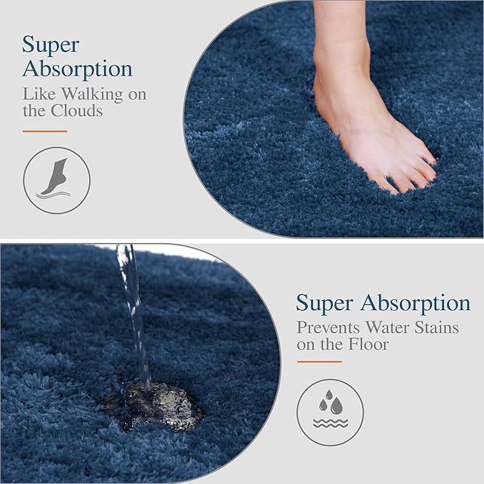 Walensee Non Slip Bath Mat (16 x 24, Navy) - Soft Microfiber Shaggy, Water Absorbent, Machine Washable, Thick Plush Shower Rug