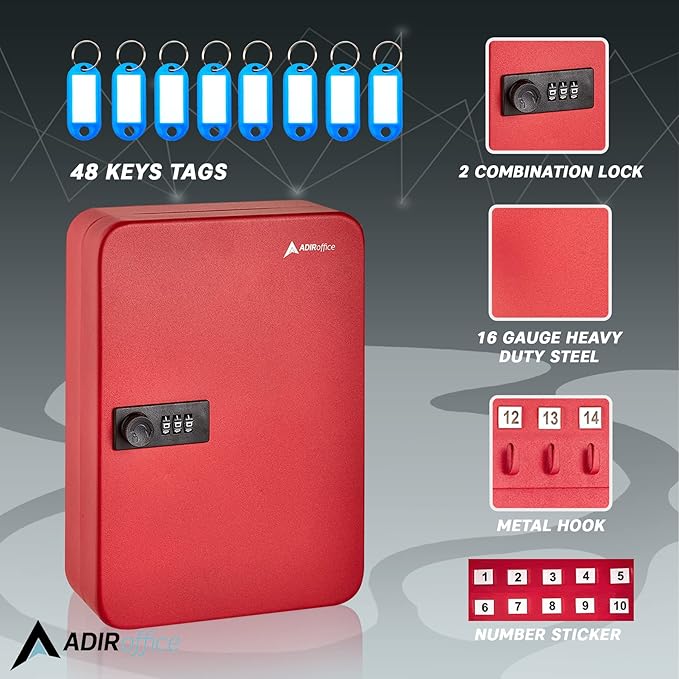 AdirOffice Key Lock Box – 48 Key Hooks Wall Mounted Key Cabinet Lock Box, Car Keys Holder Box, Lockable Key Storage Box - Metal Key Box Organizer with for Home and Office