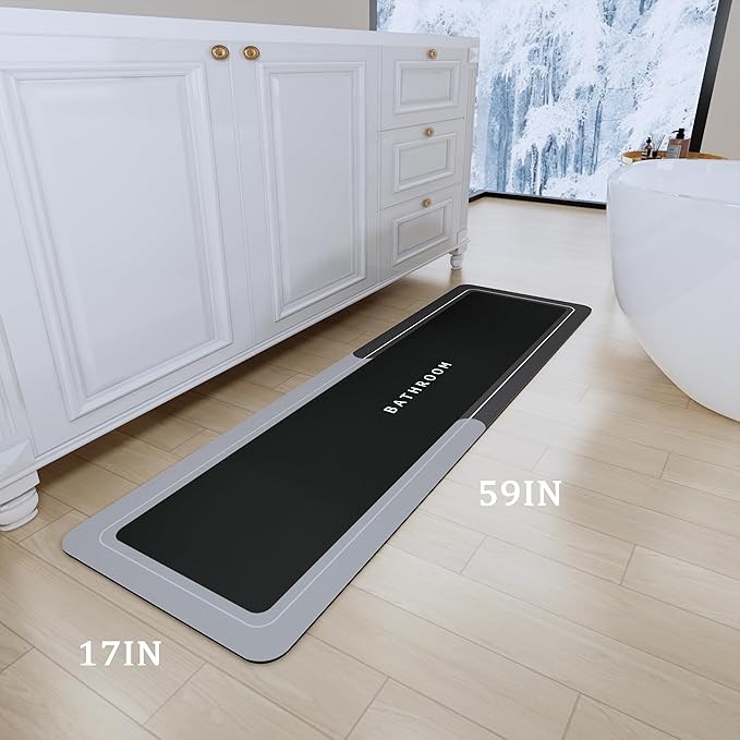 Bath Mat Rug, Rubber Non-Slip Quick Dry Bathroom Rugs, Super Absorbent Bath Mat, Thin Floor Shower Mat Fit Under Door, Bath Rug for Bathtub, Shower and Sink (17"x59",Dark Grey)