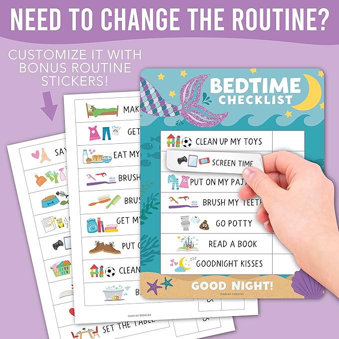 Magnetic Morning & Bedtime Routine Chart for Kids - Customizable Toddler Daily Schedule Board with Dry Erase Surface, Stickers & Marker, Build Habits with Visual Checklists, Mermaid Theme