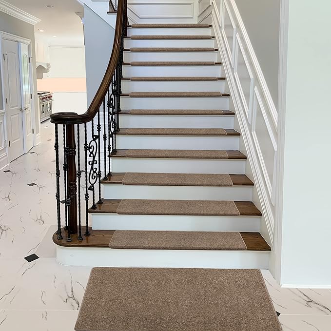 PURE ERA Bullnose Carpet Stair Treads Set Tape Free Non-Slip Indoor Stair Protectors Pet Friendly Rugs Covers Soft Skid Resistant Washable Reusable 9.5" x 30"(2 Pieces, Camel Brown)