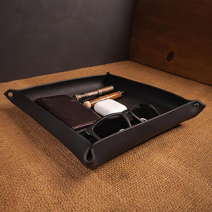 Valet Tray – Full-Grain Leather Catchall Organizer for Keys, Phone & Wallet – Rustic Nightstand & Desk Tray with Raised Sides – Handmade in USA (Black, Medium Square)