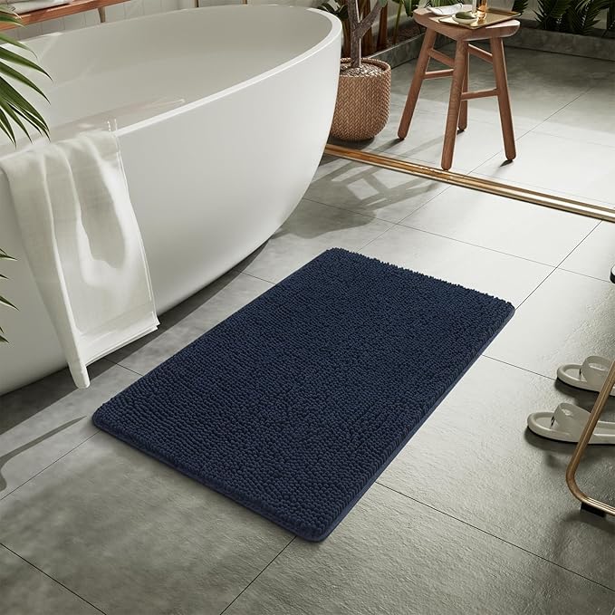LOCHAS Luxury Bathroom Rug Shaggy Bath Mat 24 x 36 Inch, Washable Non Slip Bath Rugs for Bathroom Shower, Soft Plush Chenille Absorbent Carpets Mats, Navy