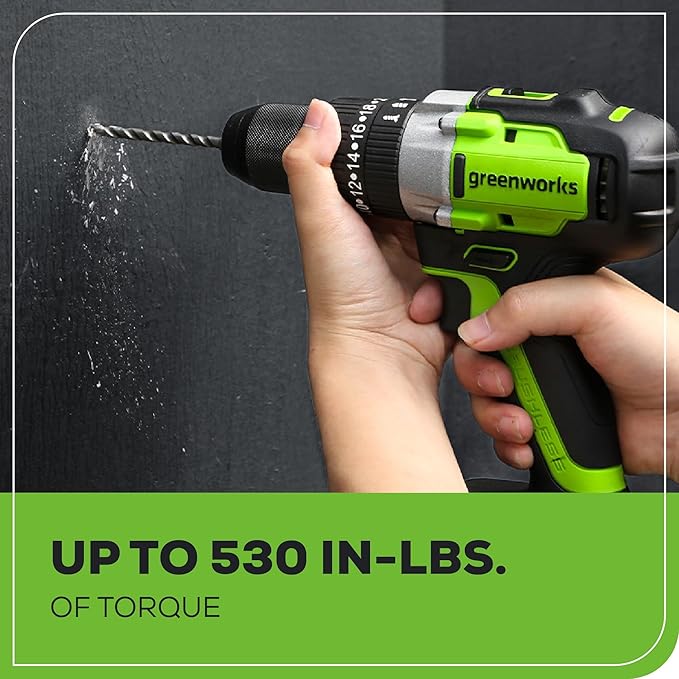 Greenworks 24V Brushless 1/2" Hammer Drill (Metal Chuck / 530 in.-lbs. / 20+3 Clutch / LED Light) + 5 PC Drill Bits, 2.0Ah Battery and Charger Included
