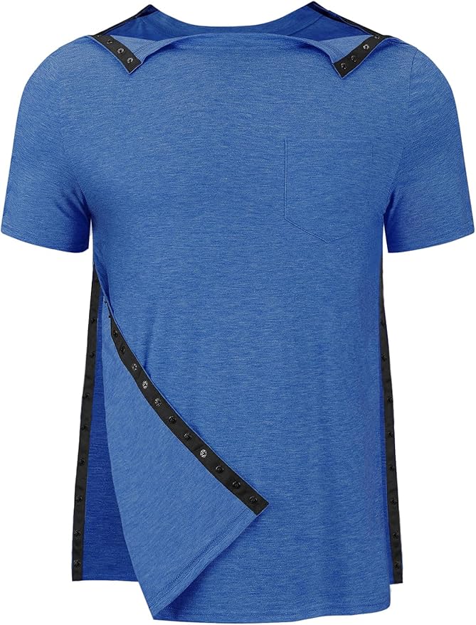 Men's Post Shoulder Surgery Recovery Shirts Tear Away Short Sleeve Full Open Side Snap Dialysis Chemo Clothing